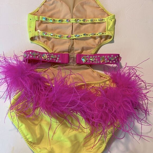 Glamour solo dance costume hot pink neon yellow Feather rhinestone bedazzled LC - Picture 5 of 15